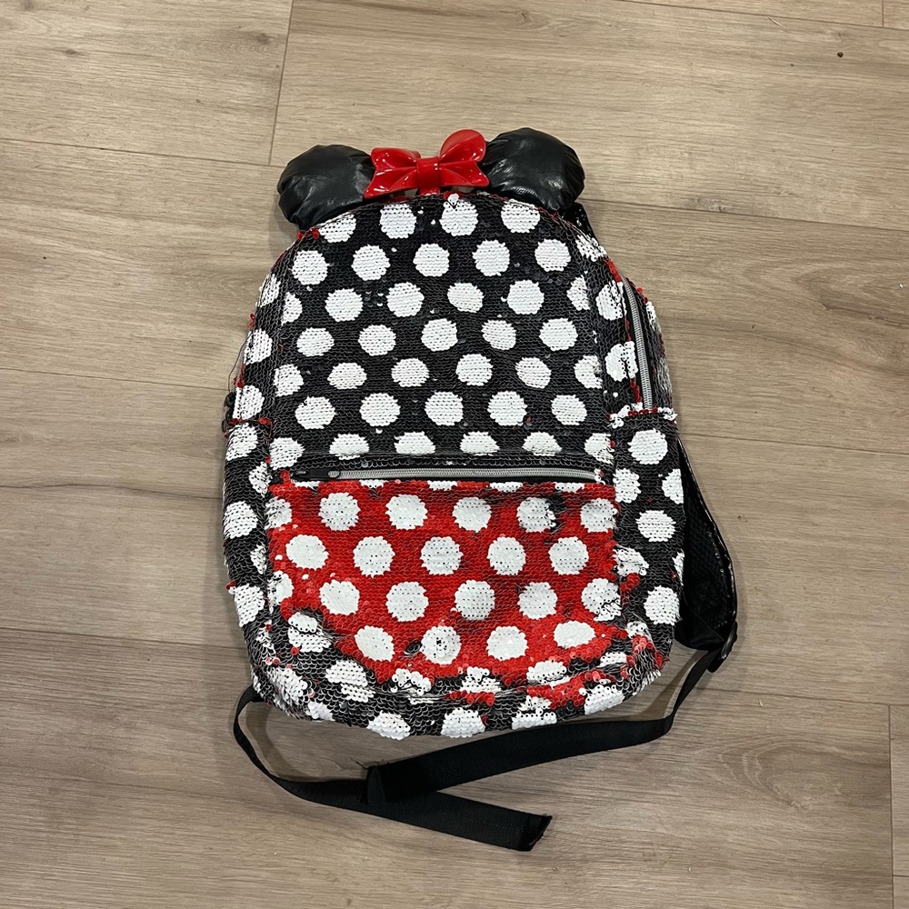 Disney Parks Minnie Mouse Sequin backpack black white red bow ears EUC